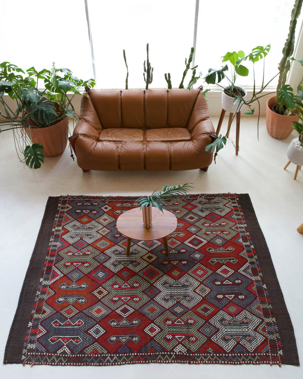 Vintage kilim rug in living room setting, bright colors, wild shaman, soft rug, bold color, Portland, Oregon, rug store, rug shop, local shop, vintage rug, modern kilim, warm colors