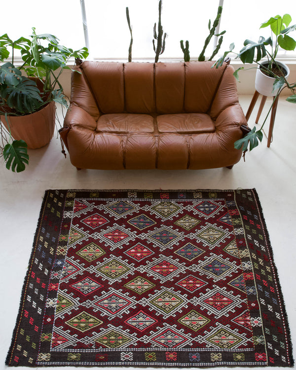 Vintage kilim rug in living room setting, bright colors, wild shaman, soft rug, bold color, Portland, Oregon, rug store, rug shop, local shop, vintage rug, modern kilim, warm colors