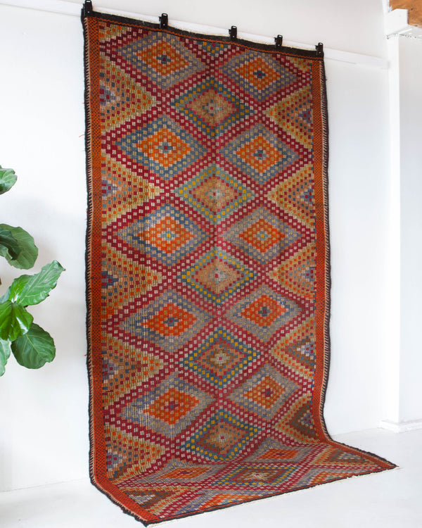 Vintage kilim rug in living room setting, bright colors, wild shaman, soft rug, bold color, Portland, Oregon, rug store, rug shop, local shop, vintage rug, modern kilim, warm colors