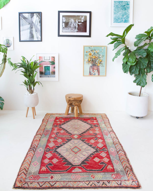 Vintage Turkish rug in living room setting, old rug, antique rug, pastel colors, faded colors, Turkish rug, vintage rug, soft rug, Portland, Oregon, rug store, rug shop, local shop