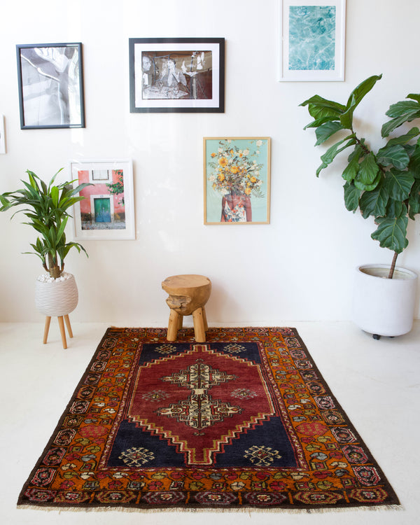 Vintage Turkish rug in a living room setting, pile rug, Turkish rug, vintage rug, portland, rug shop, bright colors, wild shaman, soft rug, bold color, Portland, Oregon, rug store, rug shop, local shop, antique rug