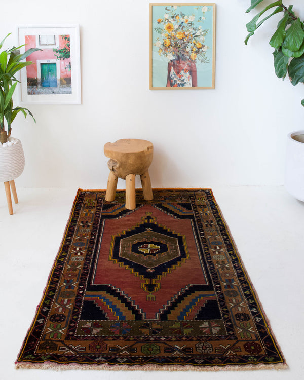 Vintage Turkish rug in a living room setting, pile rug, Turkish rug, vintage rug, portland, rug shop, bright colors, wild shaman, soft rug, bold color, Portland, Oregon, rug store, rug shop, local shop, antique rug