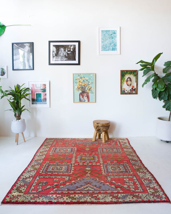 Vintage Turkish rug in living room setting, old rug, antique rug, pastel colors, faded colors, Turkish rug, vintage rug, soft rug, Portland, Oregon, rug store, rug shop, local shop