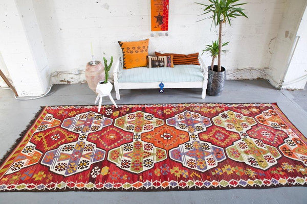 Turkish rug, vintage rug, flat weave, kilim rug, large area rug, square rug, Wild Shaman, Portland, Oregon, rug store, rug shop, local shop,  bright colors, area rug, bold color