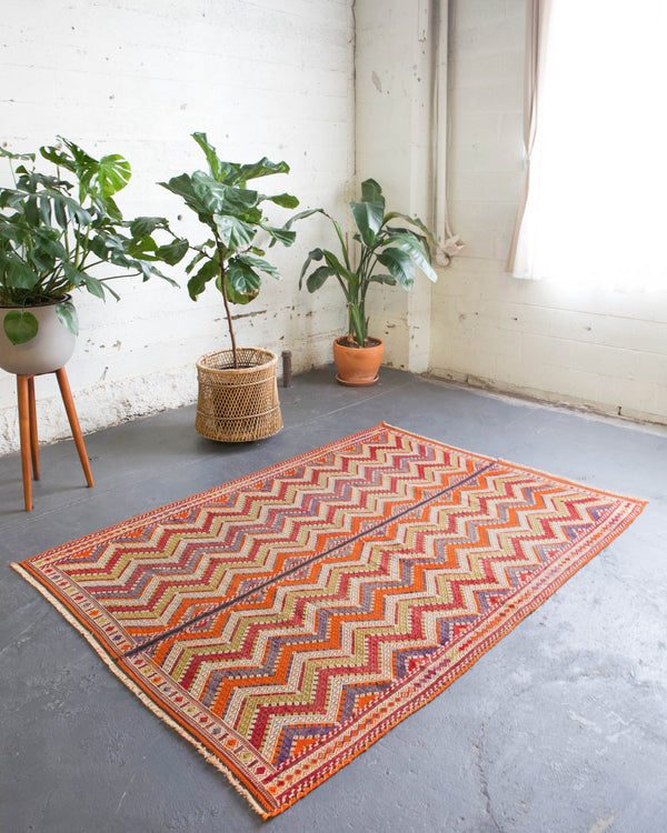 Turkish rug, vintage rug, flat weave, kilim rug, large area rug, square rug, Wild Shaman, Portland, Oregon, rug store, rug shop, local shop,  bright colors, area rug, orange rug, bold color