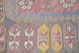  Vintage kilim rug in room decor setting, old rug, antique rug, pastel colors, faded colors, Turkish rug, vintage rug, soft rug, Portland, Oregon, rug store, rug shop, local shop, distressed rug, worn out rug