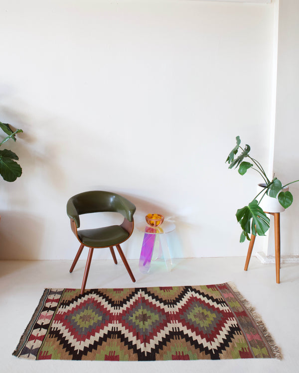 Vintage kilim rug in room decor setting, kilim, Turkish rug, vintage rug, portland, rug shop, bright colors, wild shaman, soft rug, bold color, Portland, Oregon, rug store, rug shop, local shop, antique rug