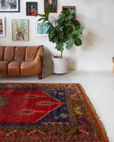 Vintage Turkish rug in a living room setting, pile rug, Turkish rug, vintage rug, portland, rug shop, bright colors, wild shaman, soft rug, bold color, Portland, Oregon, rug store, rug shop, local shop, antique rug