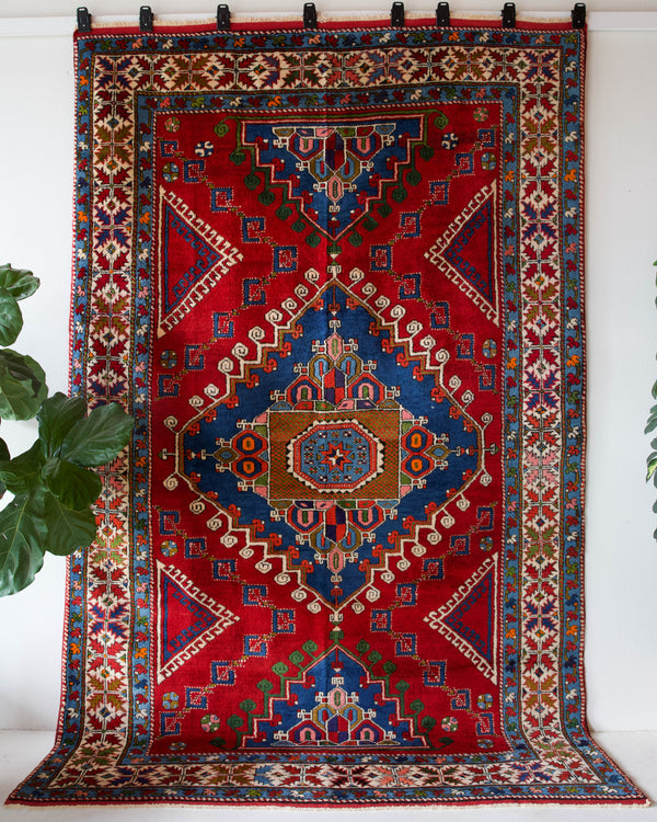 Vintage Turkish rug in a living room setting, pile rug, Turkish rug, vintage rug, portland, rug shop, bright colors, wild shaman, soft rug, bold color, Portland, Oregon, rug store, rug shop, local shop, antique rug