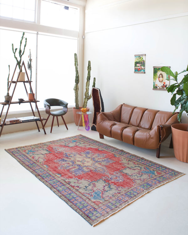 Vintage Turkish  rug in a living room setting, pile rug, Turkish rug, vintage rug, portland, rug shop, bright colors, wild shaman, soft rug, bold color, Portland, Oregon, rug store, rug shop, local shop, antique rug, distressed rug, worn out rug