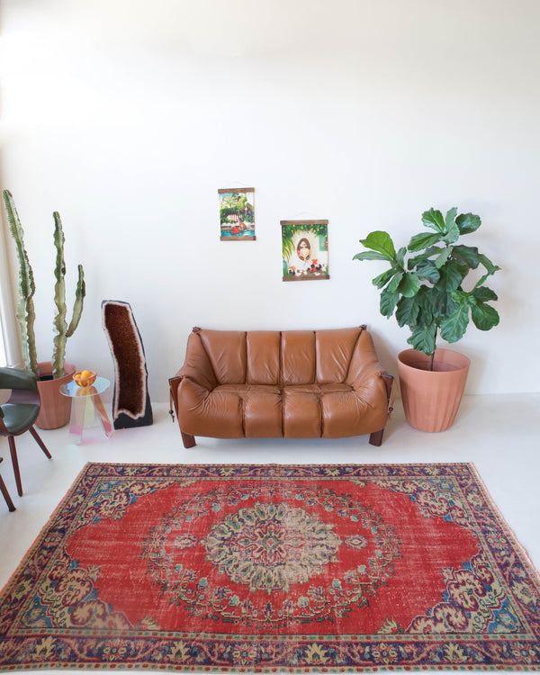 Vintage Turkish  rug in a living room setting, pile rug, Turkish rug, vintage rug, portland, rug shop, bright colors, wild shaman, soft rug, bold color, Portland, Oregon, rug store, rug shop, local shop, antique rug, distressed rug, worn out rug