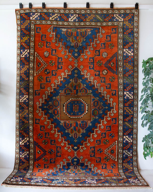 Vintage Turkish rug in a living room setting, pile rug, Turkish rug, vintage rug, portland, rug shop, bright colors, wild shaman, soft rug, bold color, Portland, Oregon, rug store, rug shop, local shop, antique rug