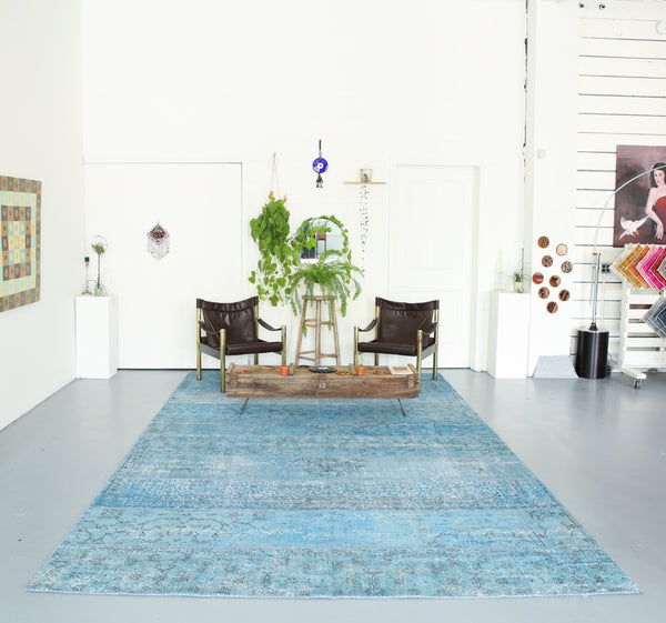 Vintage Overdyed Patchwork Rug overdyed in Aqua 8ftx14ft