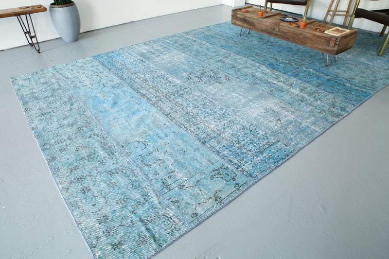 Vintage Overdyed Patchwork Rug overdyed in Aqua 8ftx14ft