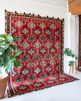 Vintage kilim rug in room decor setting, kilim, Turkish rug, vintage rug, portland, rug shop, bright colors, wild shaman, soft rug, bold color, Portland, Oregon, rug store, rug shop, local shop, antique rug