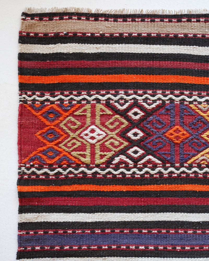  Vintage kilim rug in room decor setting, kilim, Turkish rug, vintage rug, portland, rug shop, bright colors, wild shaman, soft rug, bold color, Portland, Oregon, rug store, rug shop, local shop, antique rug