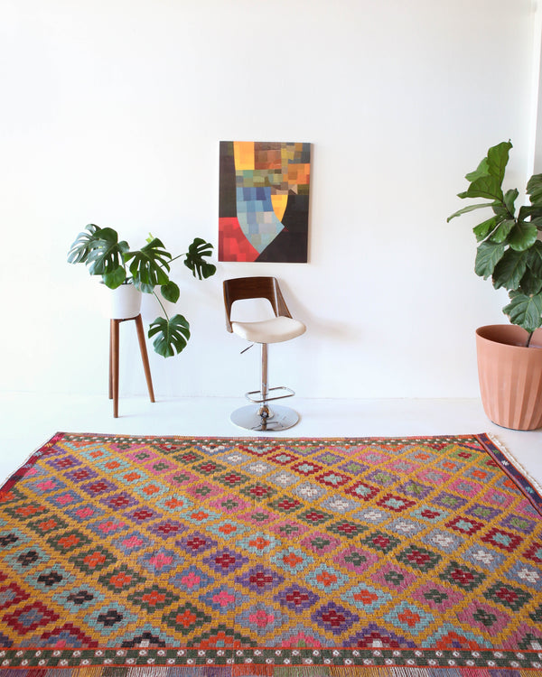 Vintage kilim rug in room decor setting, kilim, Turkish rug, vintage rug, portland, rug shop, bright colors, wild shaman, soft rug, bold color, Portland, Oregon, rug store, rug shop, local shop, antique rug