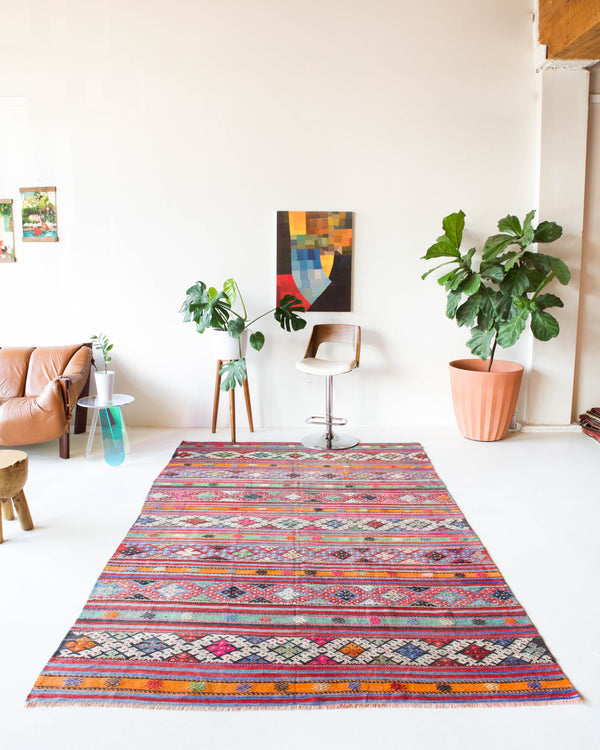  Vintage Turkish rug in a living room setting, pile rug, Turkish rug, vintage rug, portland, rug shop, bright colors, wild shaman, soft rug, bold color, Portland, Oregon, rug store, rug shop, local shop