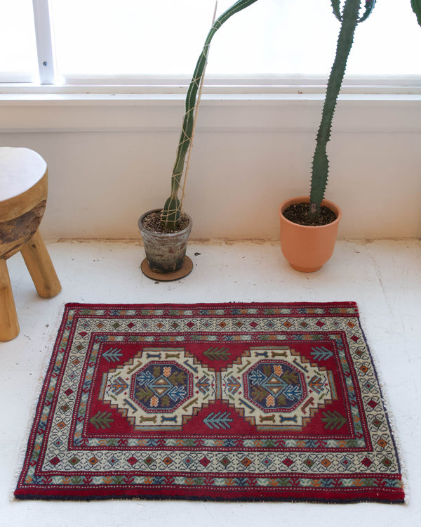 Vintage mini kilim rug in room decor setting, kilim, Turkish rug, vintage rug, portland, rug shop, bright colors, wild shaman, soft rug, bold color, Portland, Oregon, rug store, rug shop, local shop