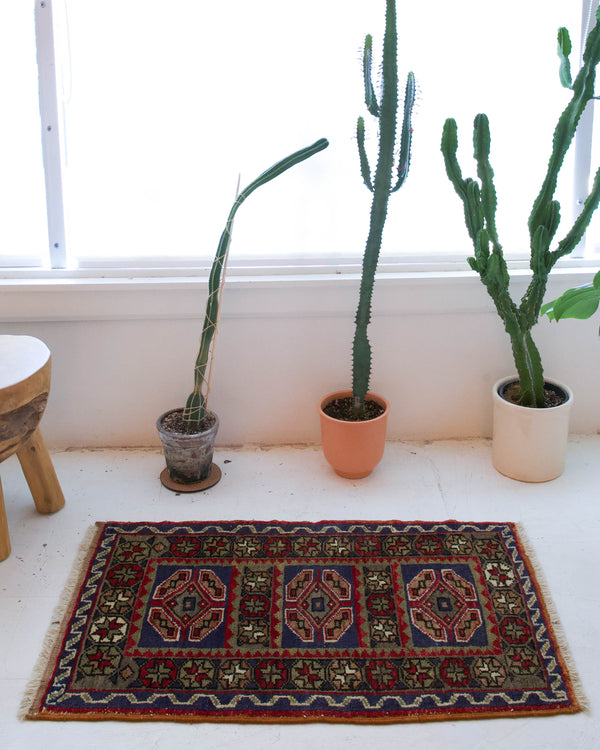 Vintage mini kilim rug in room decor setting, kilim, Turkish rug, vintage rug, portland, rug shop, bright colors, wild shaman, soft rug, bold color, Portland, Oregon, rug store, rug shop, local shop