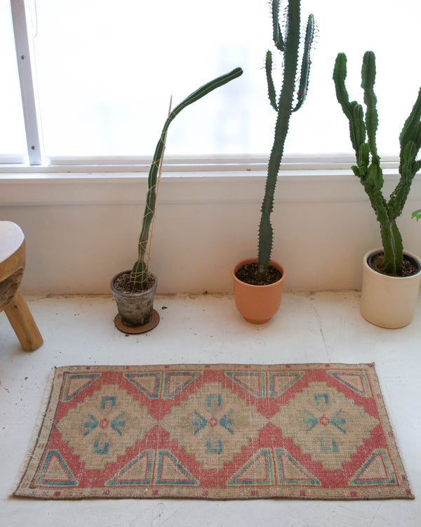 Vintage mini kilim rug in room decor setting, kilim, Turkish rug, vintage rug, portland, rug shop, bright colors, wild shaman, soft rug, bold color, Portland, Oregon, rug store, rug shop, local shop