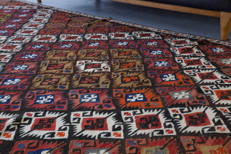 old rug, antique rug, earthy colors, bold colors, turkish rug, vintage rug, flat weave, kilim rug, large area rug, square rug, Wild Shaman, Portland, Oregon, rug store, rug shop, local shop