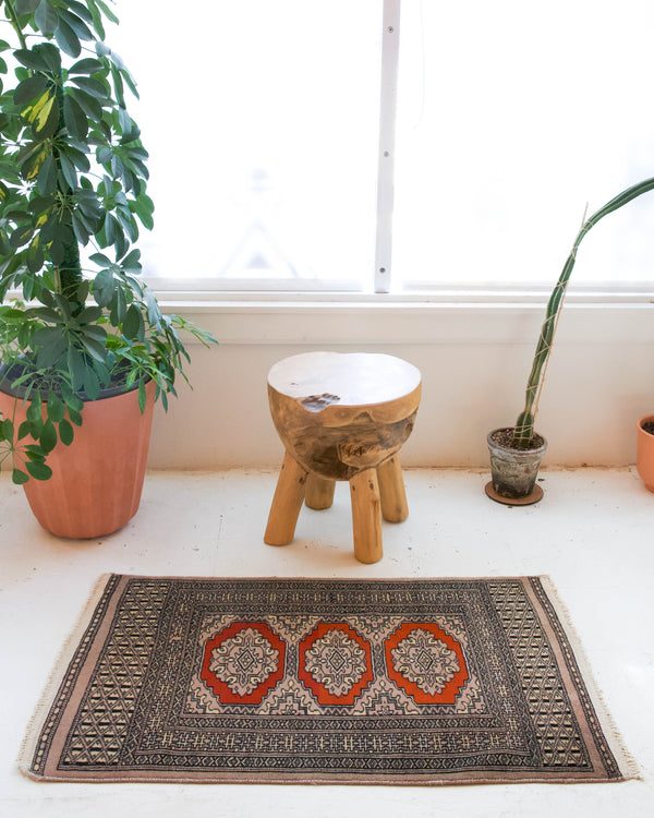 Vintage mini kilim rug in room decor setting, kilim, Turkish rug, vintage rug, portland, rug shop, bright colors, wild shaman, soft rug, bold color, Portland, Oregon, rug store, rug shop, local shop