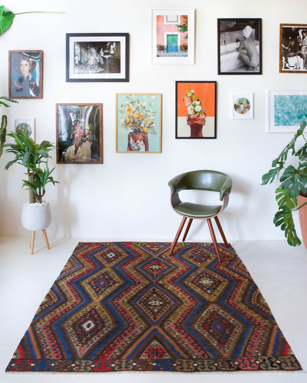 Vintage kilim rug in living room setting, bright colors, wild shaman, soft rug, bold color, Portland, Oregon, rug store, rug shop, local shop, vintage rug, modern kilim, warm colors