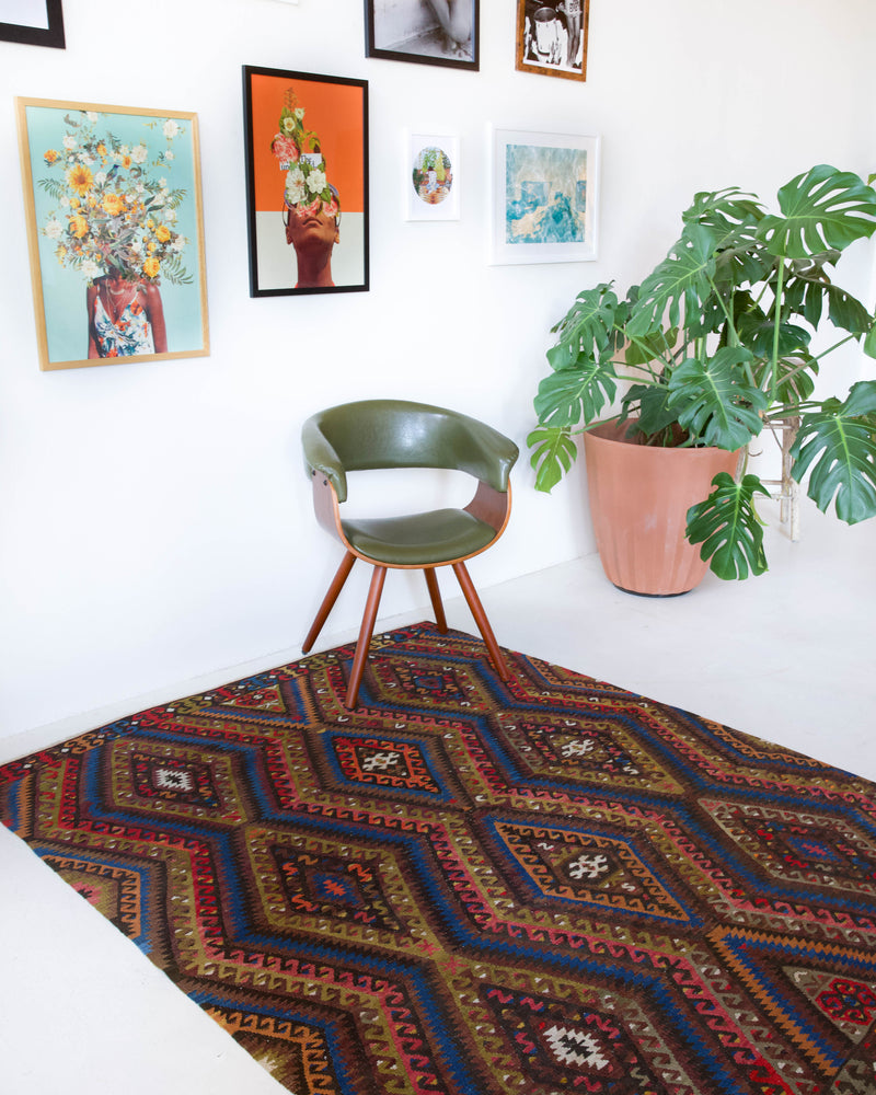 Vintage kilim rug in living room setting, bright colors, wild shaman, soft rug, bold color, Portland, Oregon, rug store, rug shop, local shop, vintage rug, modern kilim, warm colors