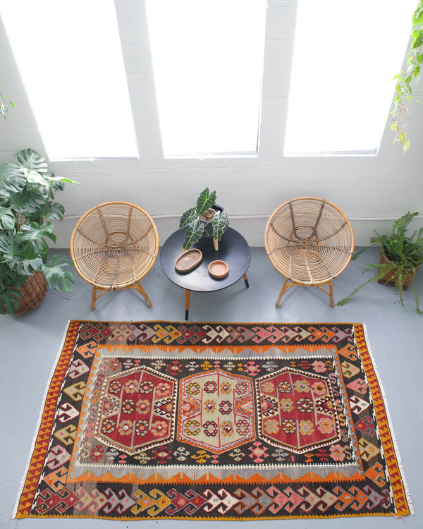 Turkish rug, vintage rug, flat weave, kilim rug, large area rug, square rug, Wild Shaman, Portland, Oregon, rug store, rug shop, local shop,  bright colors, area rug, red rug, bold color