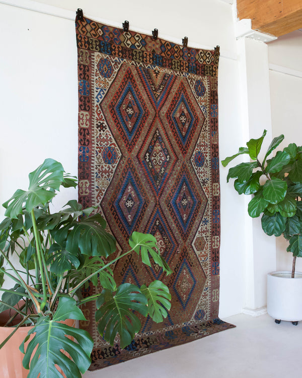 Vintage kilim rug in living room setting, old rug, antique rug, pastel colors, faded colors, Turkish rug, vintage rug, soft rug, Portland, Oregon, rug store, rug shop, local shop, earthy tones, earthy colors, warm colors