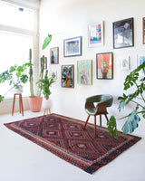 Vintage kilim rug in living room setting, bright colors, wild shaman, soft rug, bold color, Portland, Oregon, rug store, rug shop, local shop, vintage rug, modern kilim, warm colors