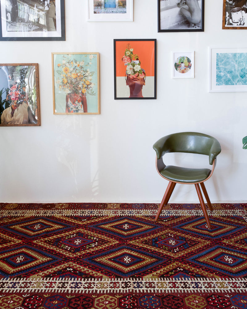 Vintage kilim rug in living room setting, bright colors, wild shaman, soft rug, bold color, Portland, Oregon, rug store, rug shop, local shop, vintage rug, modern kilim, warm colors