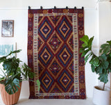 Vintage kilim rug in living room setting, bright colors, wild shaman, soft rug, bold color, Portland, Oregon, rug store, rug shop, local shop, vintage rug, modern kilim, warm colors