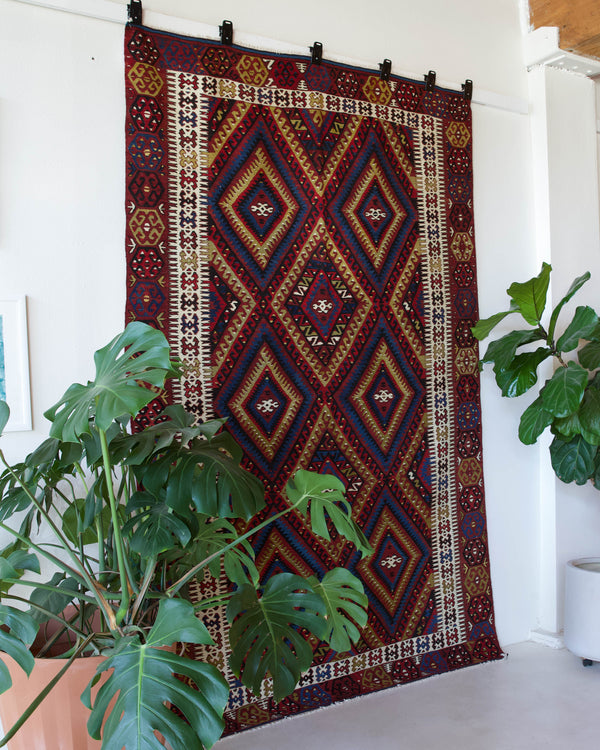 Vintage kilim rug in living room setting, bright colors, wild shaman, soft rug, bold color, Portland, Oregon, rug store, rug shop, local shop, vintage rug, modern kilim, warm colors