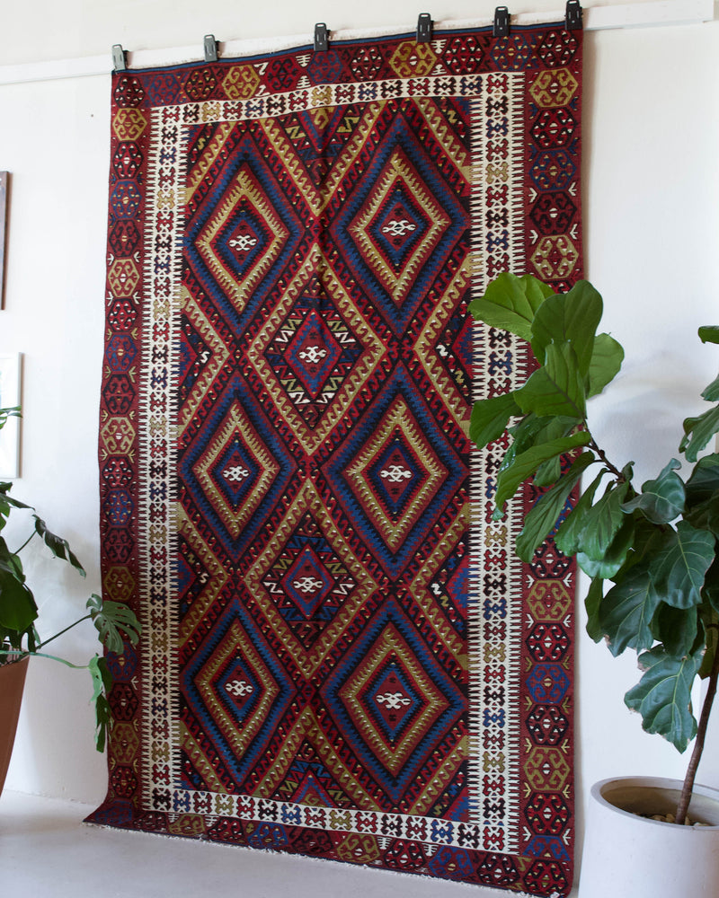 Vintage kilim rug in living room setting, bright colors, wild shaman, soft rug, bold color, Portland, Oregon, rug store, rug shop, local shop, vintage rug, modern kilim, warm colors