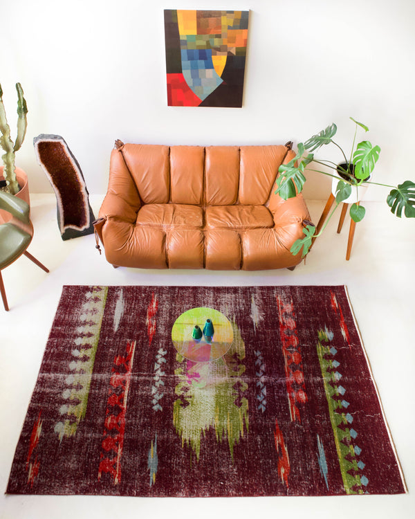 Vintage art deco rug in a living room setting, pile rug, Turkish rug, custom rug, modern rug, art deco rug,  portland, rug shop, bright colors, wild shaman, low pile rug, bold color, Portland, Oregon, rug store, rug shop, local shop, made in Turkey, vintage rug, retro rug