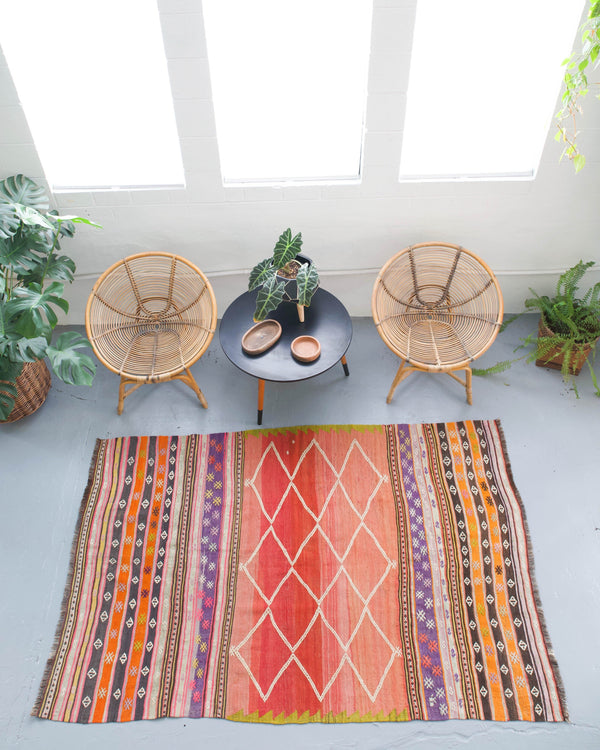 old rug, antique rug, Turkish rug, Portland, Oregon, rug store, rug shop, local shop, bright colors, wild shaman, large rug, area rug, red rug, bold color, burgundy, dark red, flat weave, kilim rug