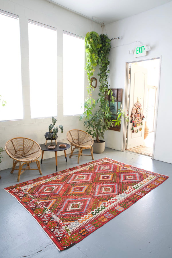 Turkish rug, vintage rug, flat weave, kilim rug, large area rug, square rug, Wild Shaman, Portland, Oregon, rug store, rug shop, local shop,  bright colors, area rug, red rug, bold color