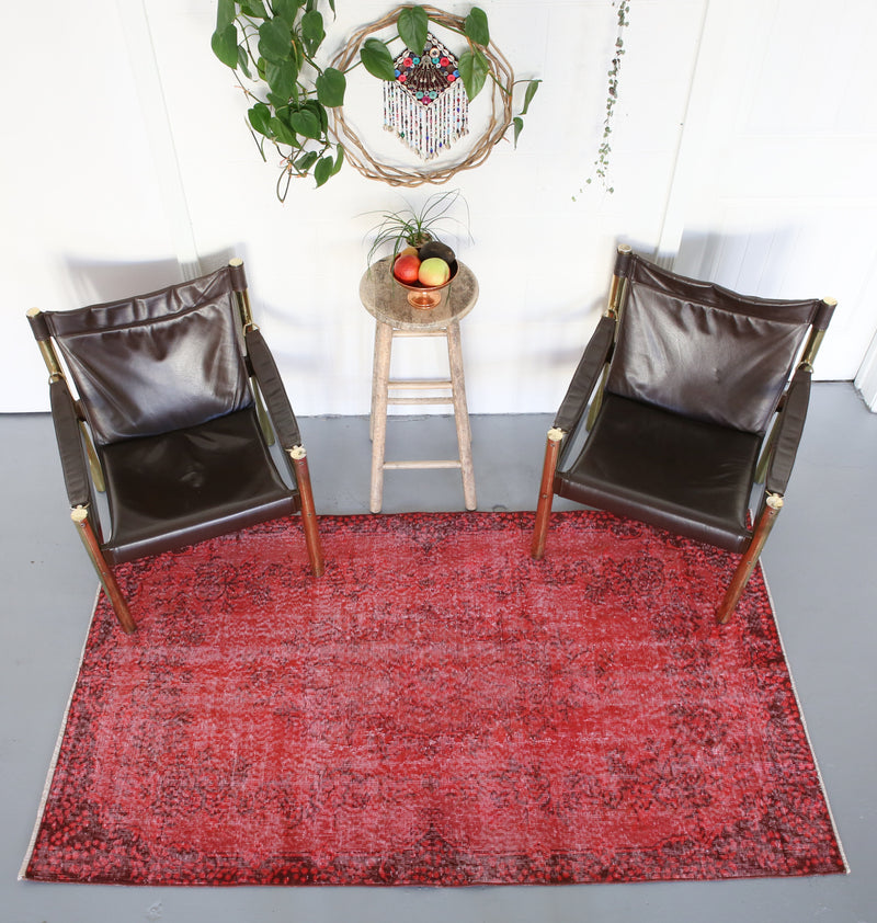 Vintage Turkish Overdyed Rug in Ruby 3.9ftx6.7ft