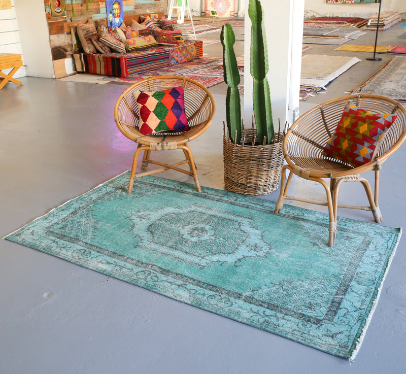 Vintage Turkish Overdyed Rug in Sea Green 3.10ftx6.6ft