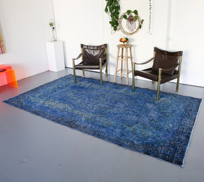 Blue Overdyed Rug Vintage Turkish Overdyed Rug in Cobalt Blue 5.9ftx10ft