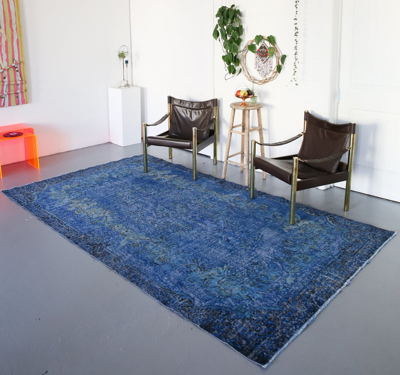 Blue Overdyed Rug Vintage Turkish Overdyed Rug in Cobalt Blue 5.9ftx10ft