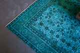Vintage Turkish Overdyed Rug in Crystal Blue close up, Wild Shaman Rug Store