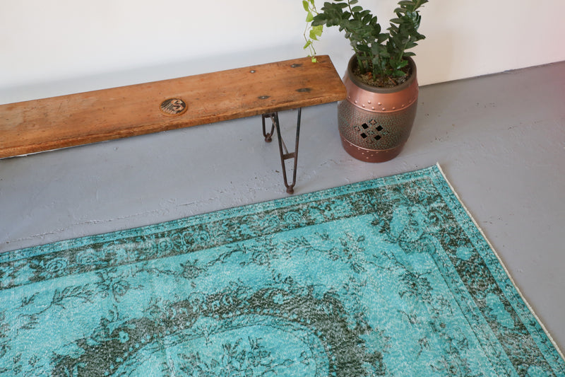Vintage Turkish Overdyed Rug in Cyan 5.2ftx8.10ft