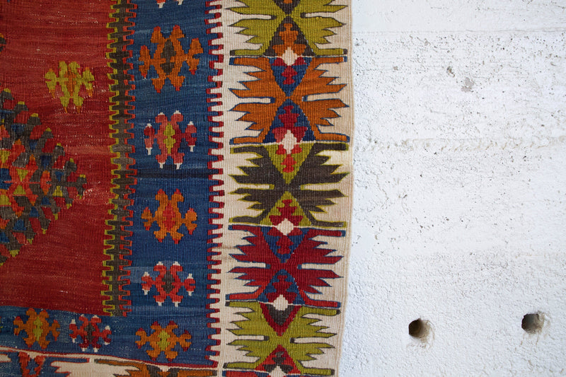 Turkish rug, vintage rug, flat weave, kilim rug, large area rug, square rug, Wild Shaman, Portland, Oregon, rug store, rug shop, local shop,  bright colors, area rug, red rug, bold color, antique