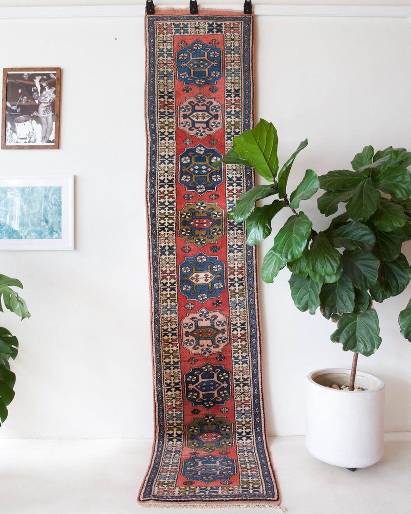 Vintage Turkish runner rug in living room setting, old rug, antique rug, pastel colors, faded colors, Turkish rug, vintage rug, soft rug, Portland, Oregon, rug store, rug shop, local shop