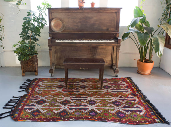 Turkish rug, vintage rug, flat weave, kilim rug, large area rug, square rug, Wild Shaman, Portland, Oregon, rug store, rug shop, local shop,  bright colors, area rug, red rug, bold color