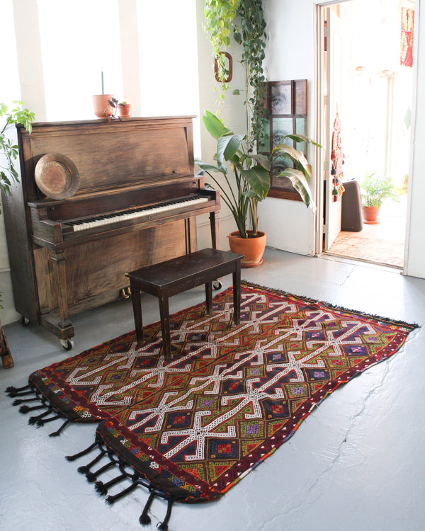 Turkish rug, vintage rug, flat weave, kilim rug, large area rug, square rug, Wild Shaman, Portland, Oregon, rug store, rug shop, local shop,  bright colors, area rug, red rug, bold color