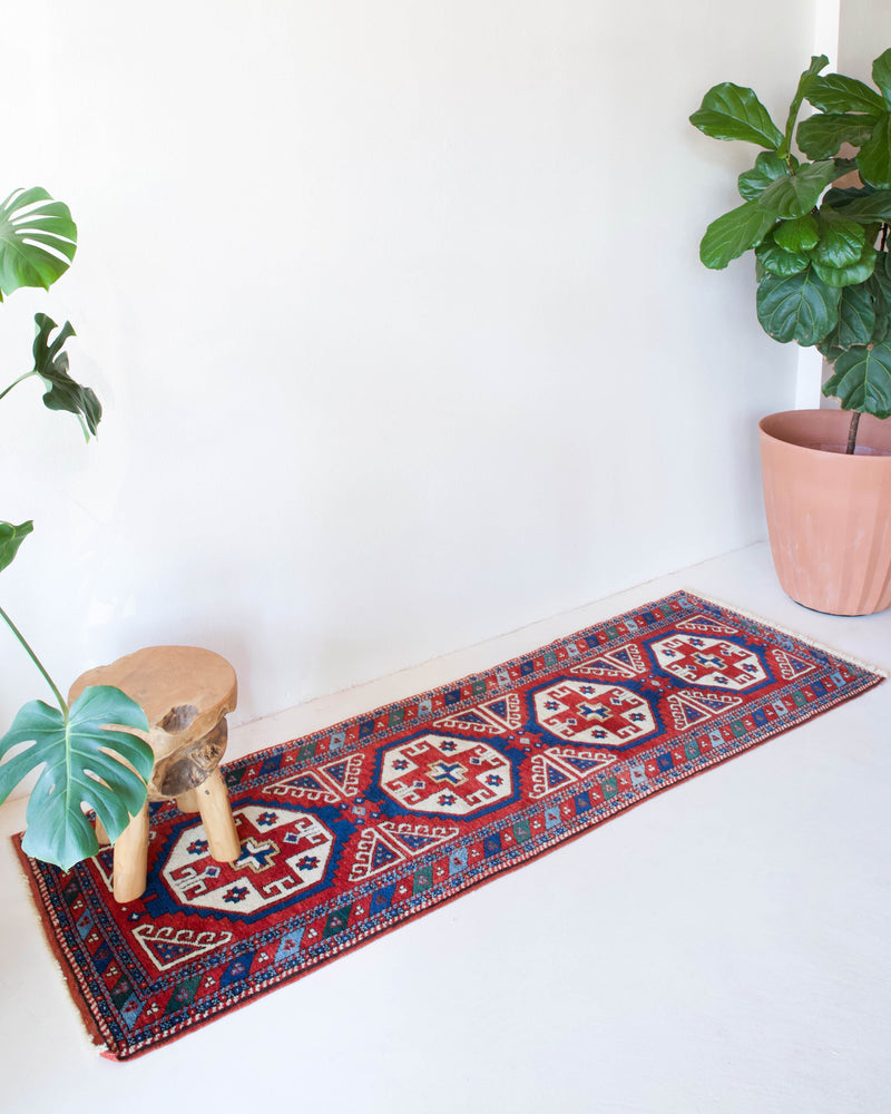 Vintage Turkish runner rug in a living room setting, pile rug, Turkish rug, vintage rug, portland, rug shop, bright colors, wild shaman, soft rug, bold color, Portland, Oregon, rug store, rug shop, local shop, antique rug